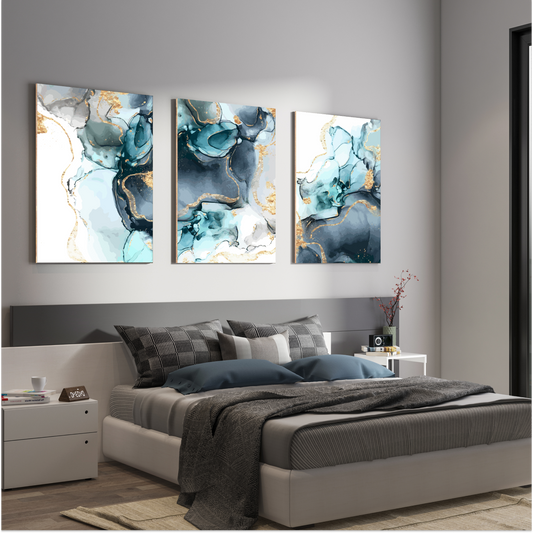 Abstract Blue and Gold Wood Print Wall Art Set of 3