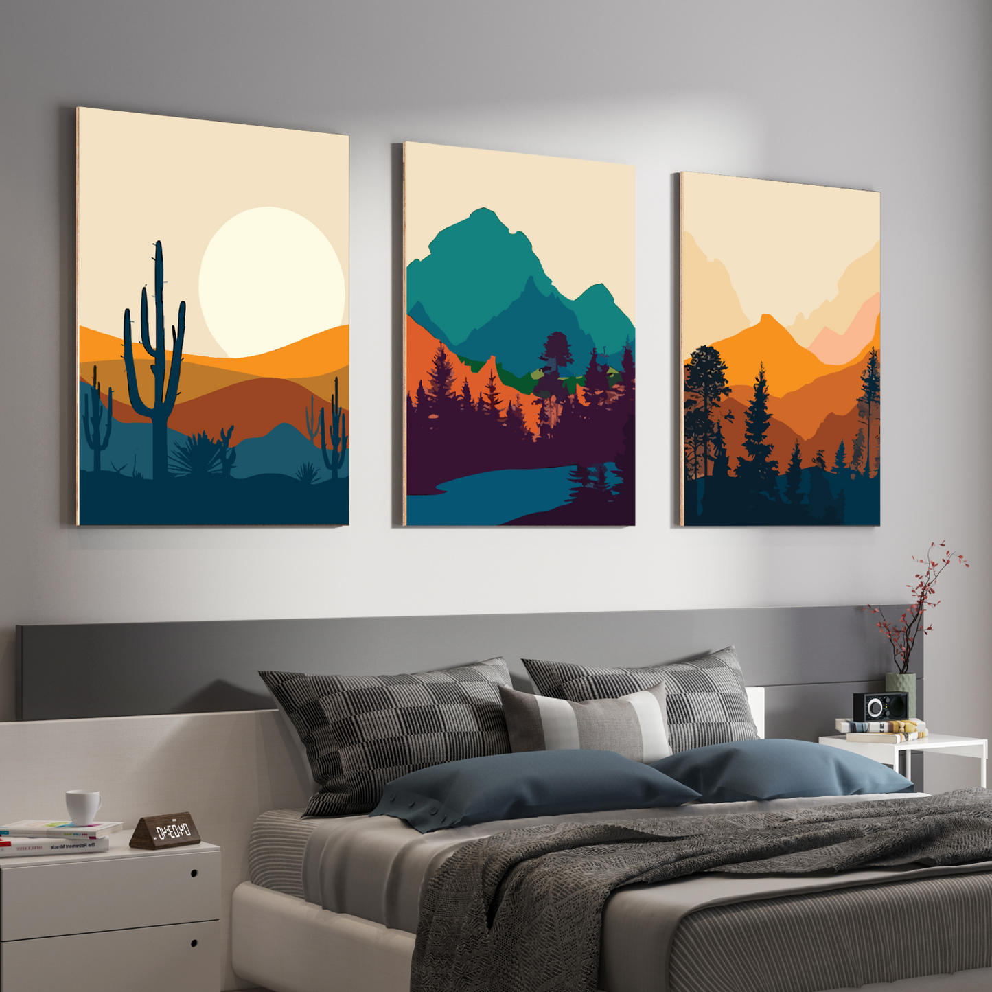 Abstract Landscape Wood Print Wall Art Set of 3