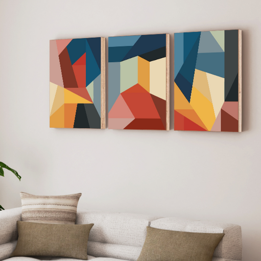 Geometric Abstract Wood Print Wall Art Set of 3