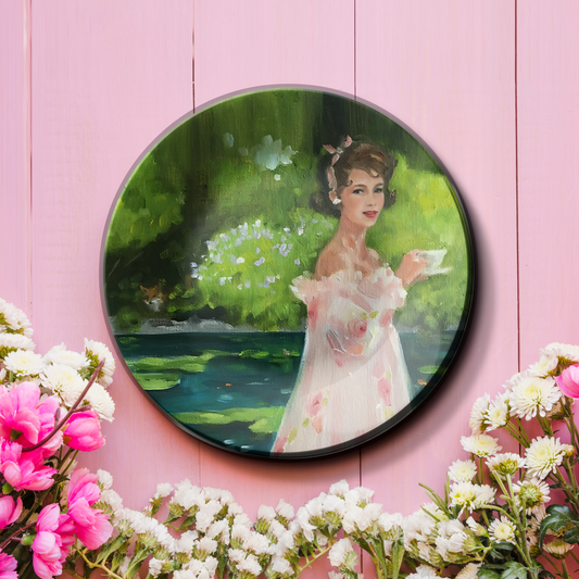 Woman enjoying tea time in garden plate art on wall