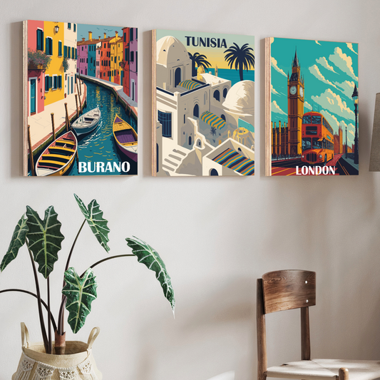 Vintage Travel Theme Wood Print Wall Art Set of 3