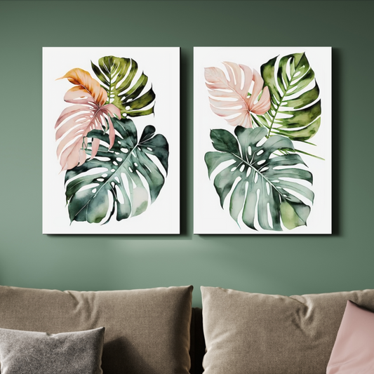 Tropical Leaf Wood Print Wall Art Set of 2