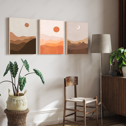 Moon Phase Abstract Boho Wood Print Wall Art Set of 3