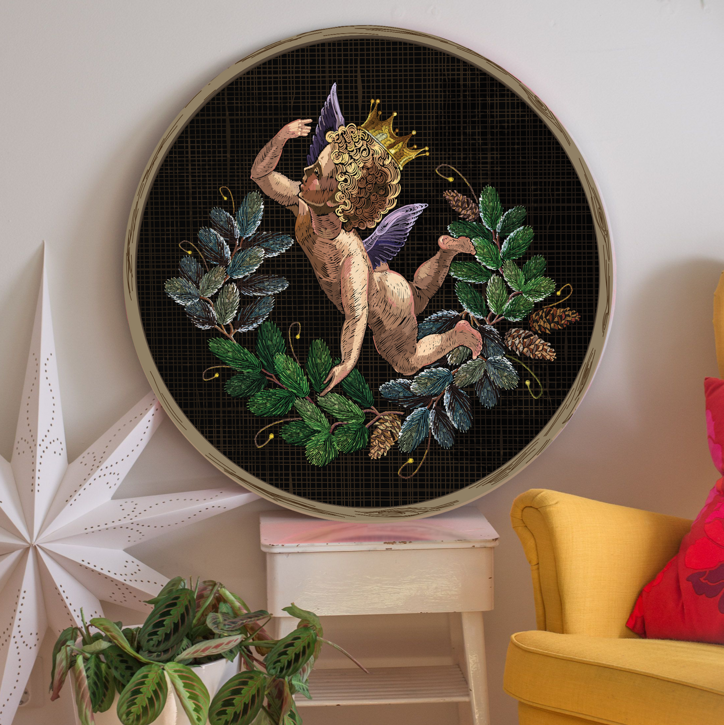 Christmas Angel With Tree Branches Wood Print Wall Art
