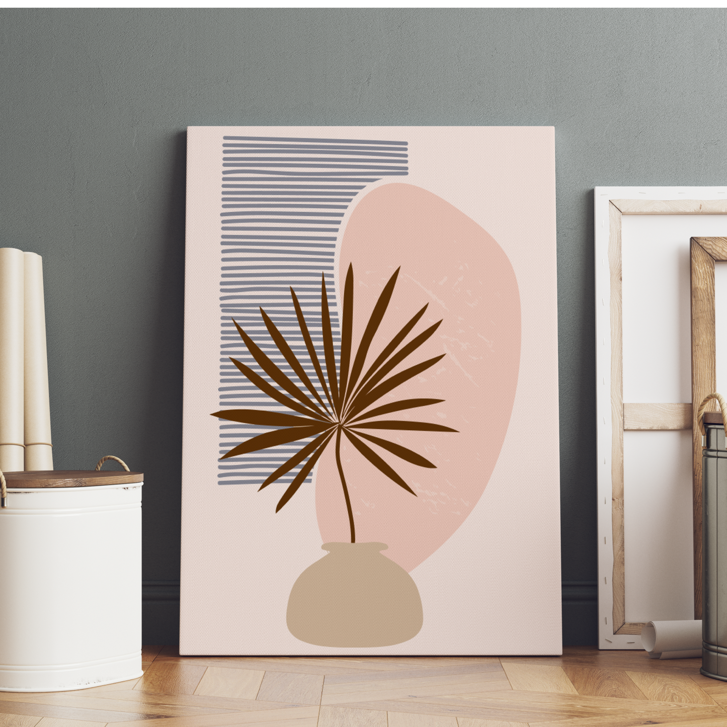 Line and Plant Boho Beige Wood Print Wall Art