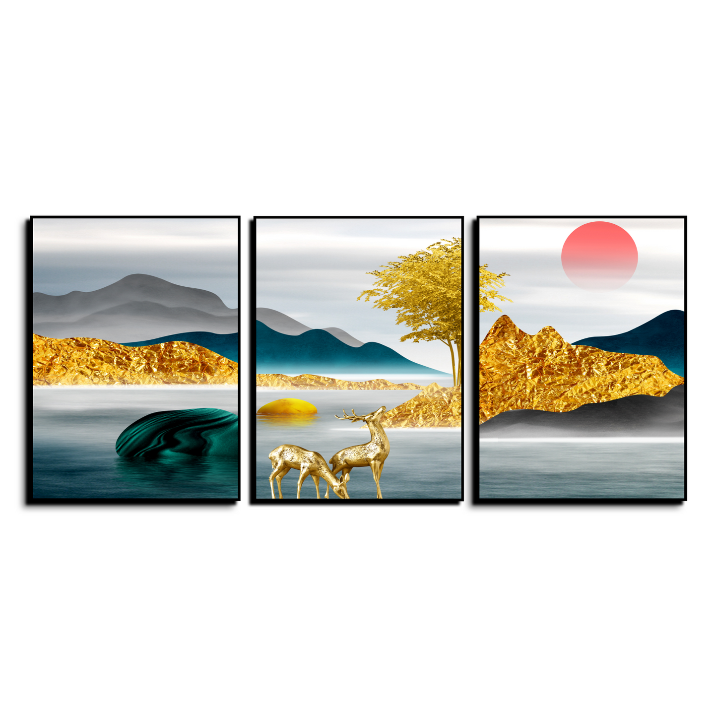 Assorted Landscape Golden Wood Print Wall Art Set of 3