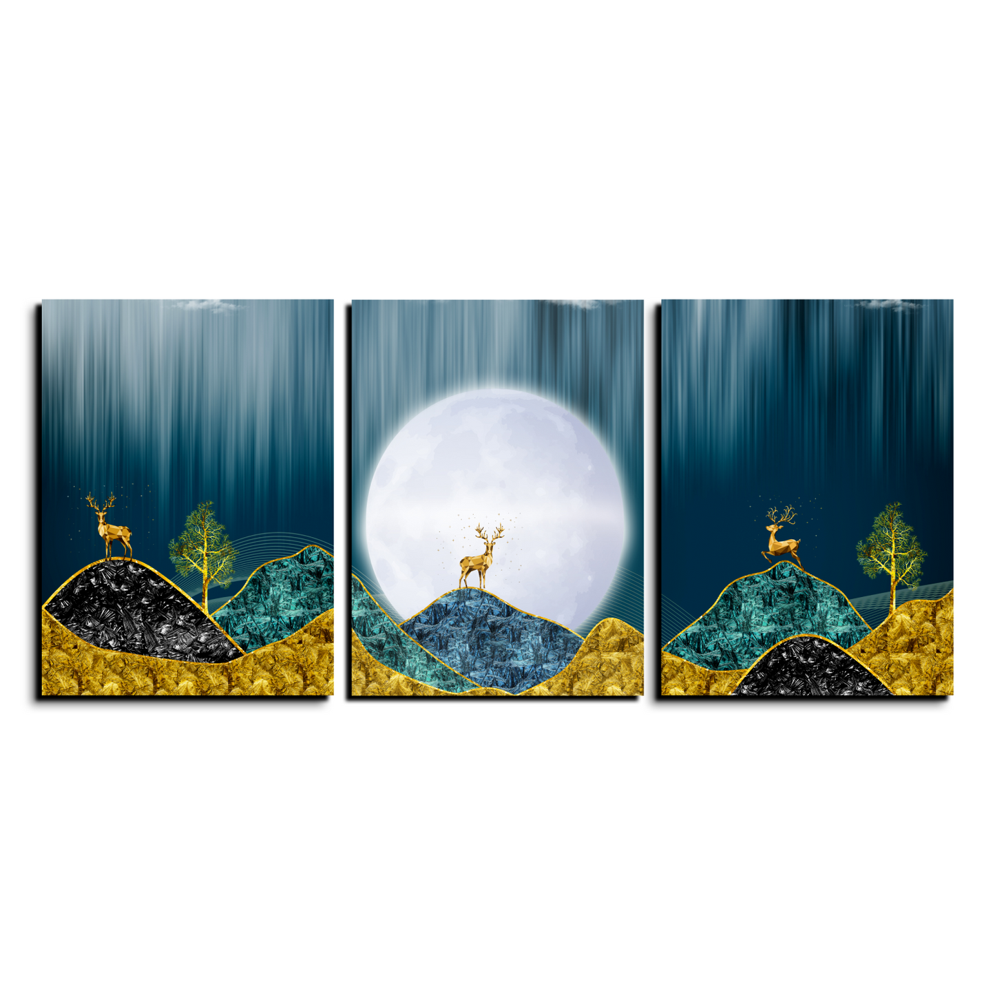 Good Luck Deer Golden Wood Print Wall Art Set of 3