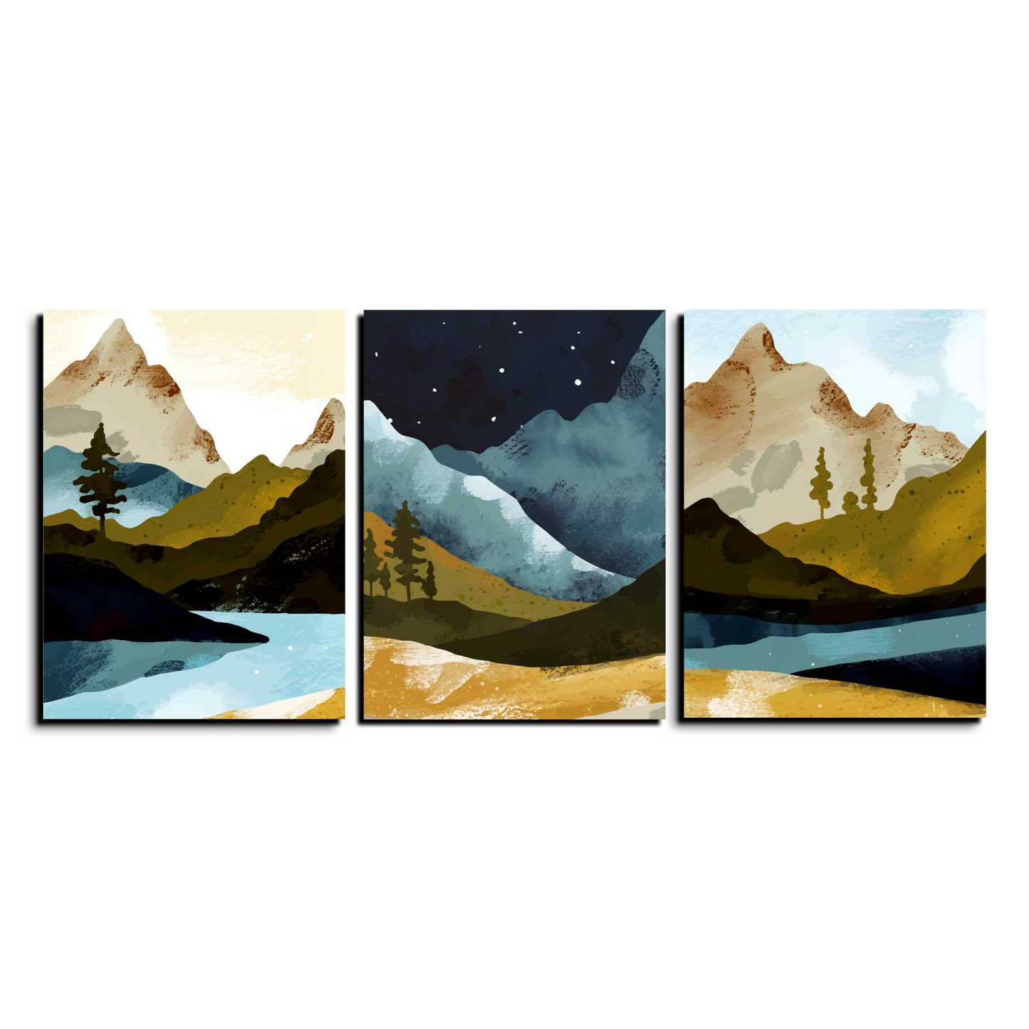 Mountain Night Wood Print Wall Art Set of 3