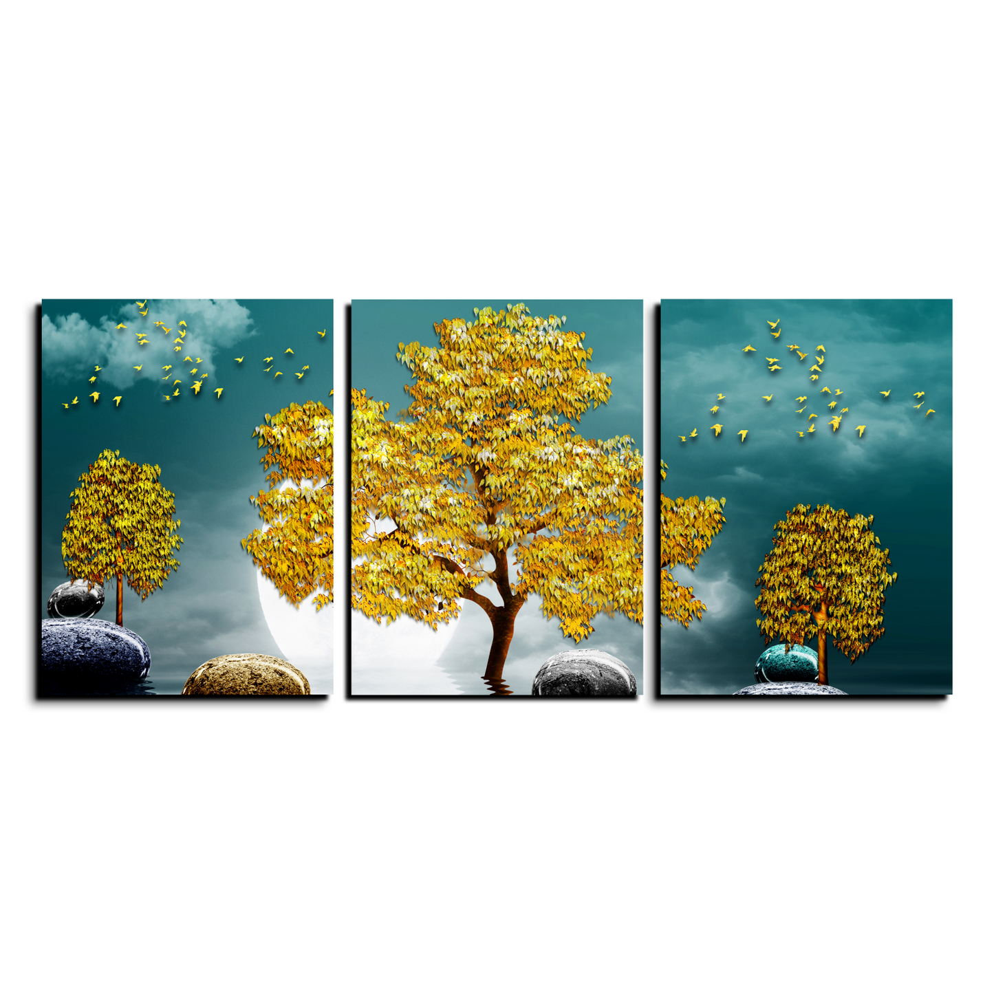 Good Luck Golden Tree Wood Print Wall Art Set of 3