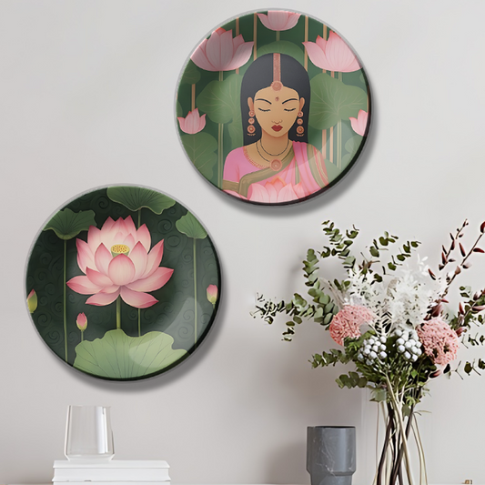 Delicate Beauty Set of 2 Pink Lotus and women decorative wall plates