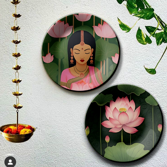 Elegant Design set of 2 Pink Lotus hanging plates on wall
