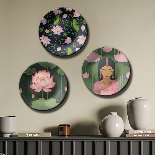 Artistic Set of 3 Pink Lotus wall plates for home decor