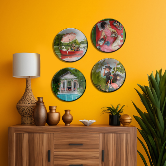 Set of 4 Ceramic hanging wall  Plates with Playful and Imaginative Designs