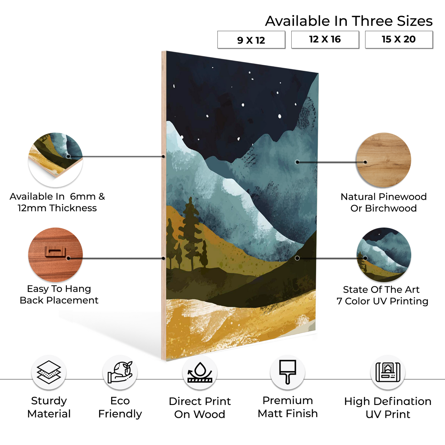 Mountain Night Wood Print Wall Art Set of 3
