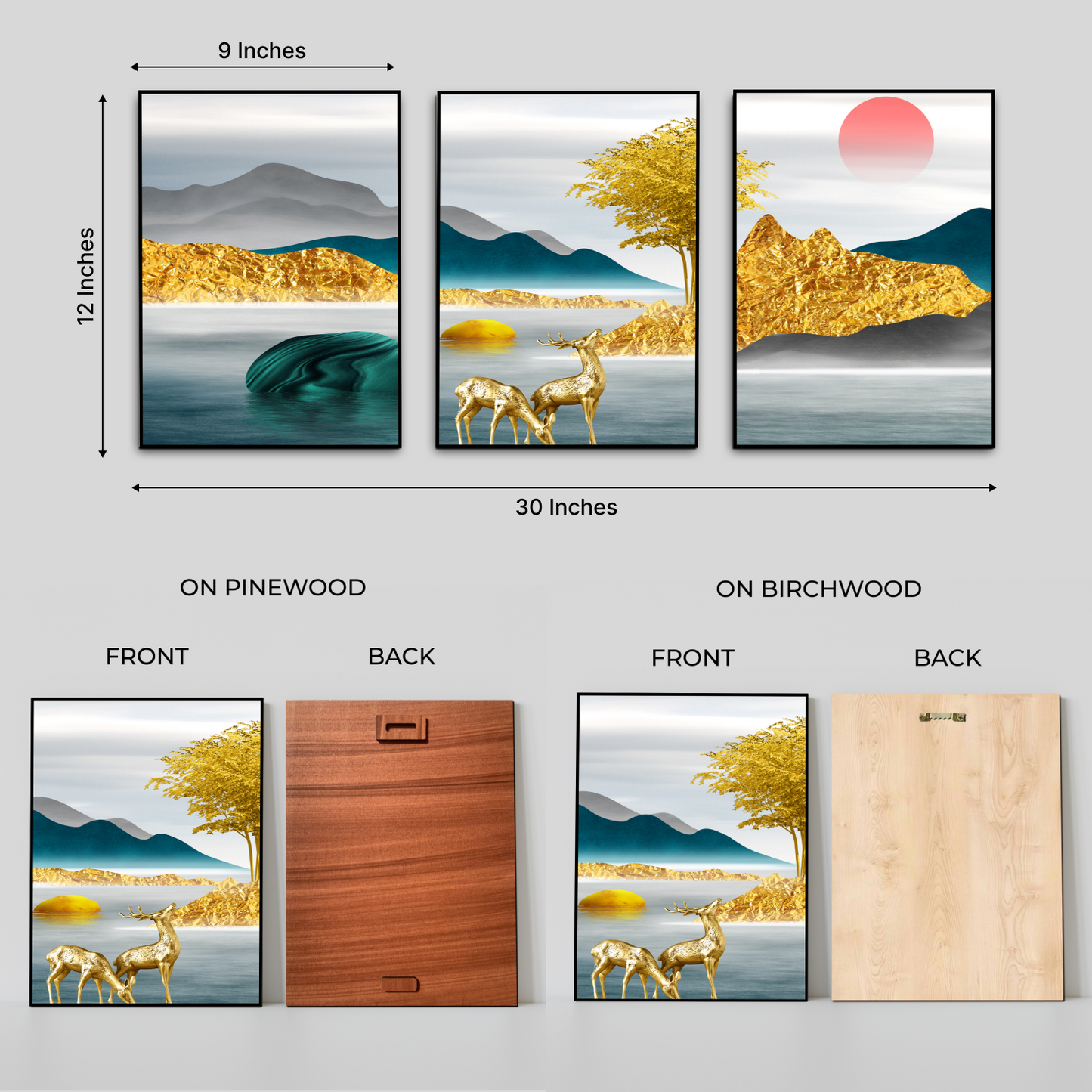 Assorted Landscape Golden Wood Print Wall Art Set of 3