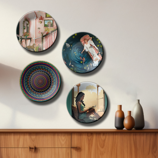 set of 4 Artisanal Assorted Theme Wall Plates for home decor