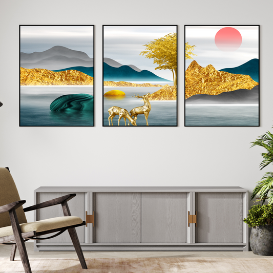 Assorted Landscape Golden Wood Print Wall Art Set of 3