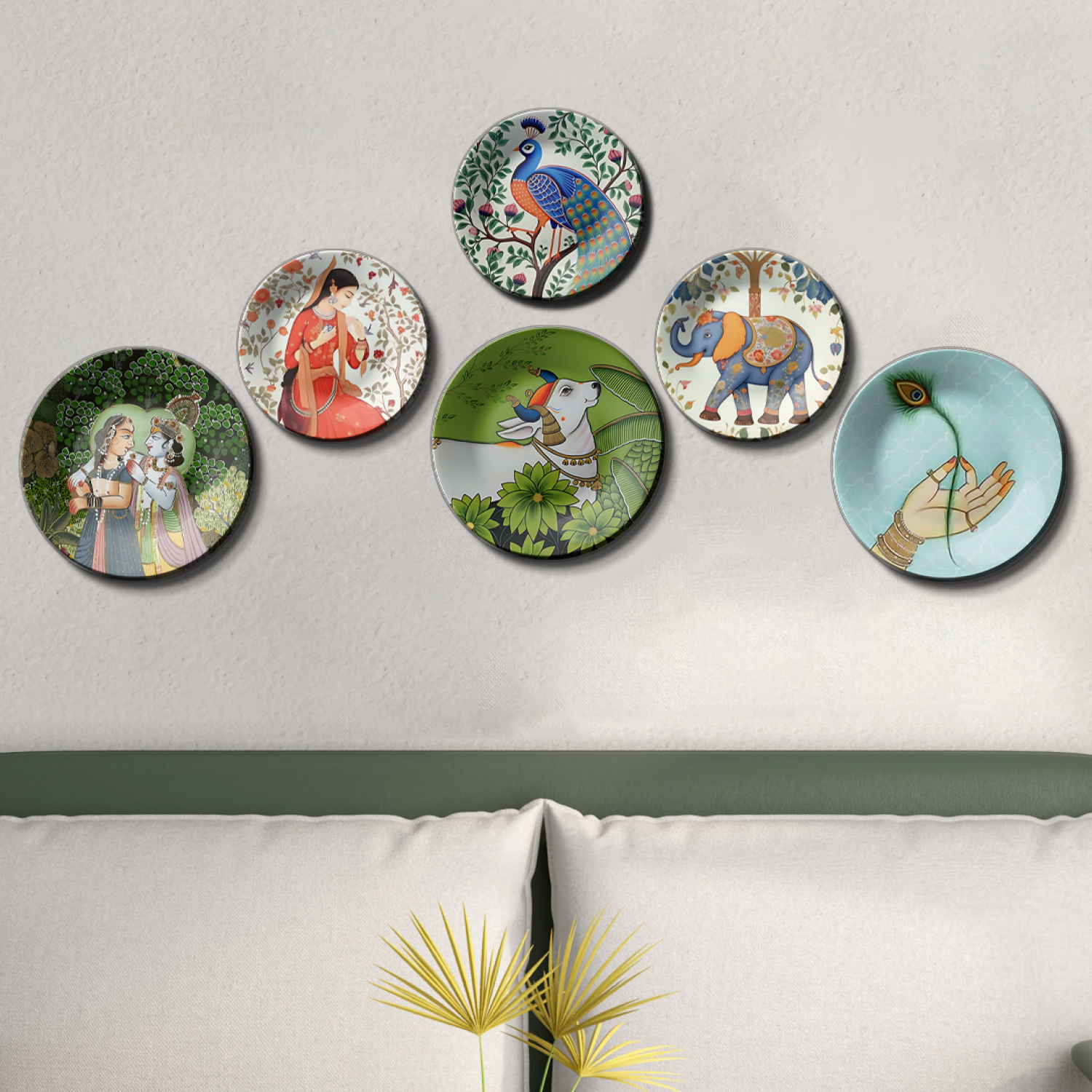 Set of 6 Plates Featuring Sacred Symbols, Deities, and Rituals hanging plates on wall