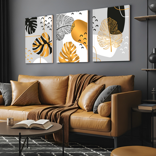 Gold Tropical Leaf Wood Print Wall Art Set of 3