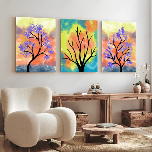 Colorful Botanical Wood Print Wall Art Set of 3