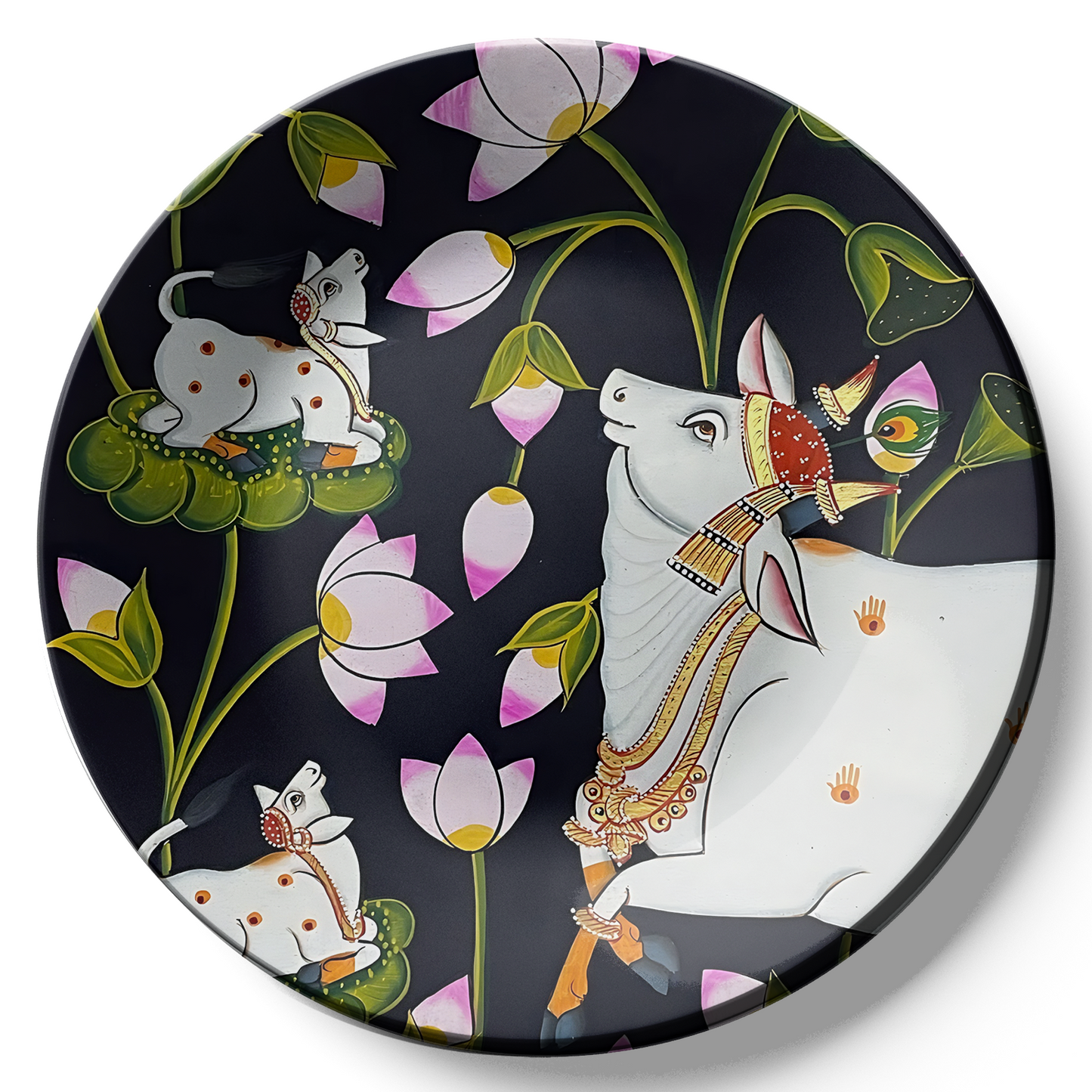 Pichwai Sacred Cows and Pink Lotus Ceramic Wall Plate Home Décor