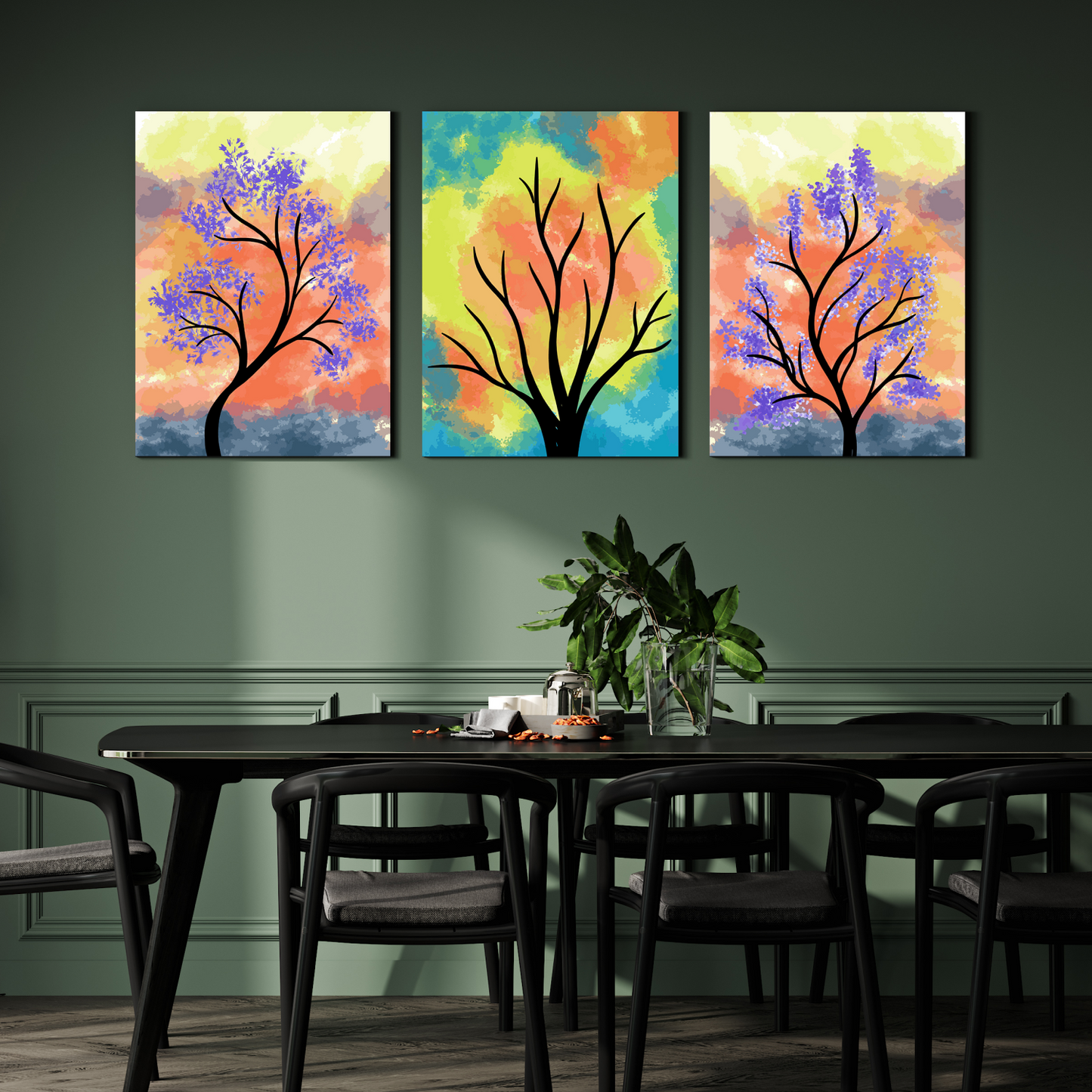Colorful Botanical Wood Print Wall Art Set of 3