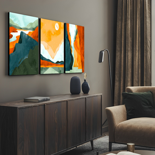 Orange Abstract Landscape Wood Print Wall Art Set of 3