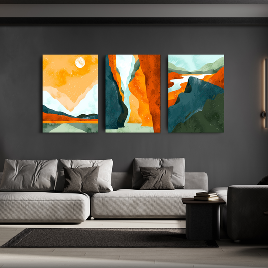 Orange Abstract Landscape Wood Print Wall Art Set of 3