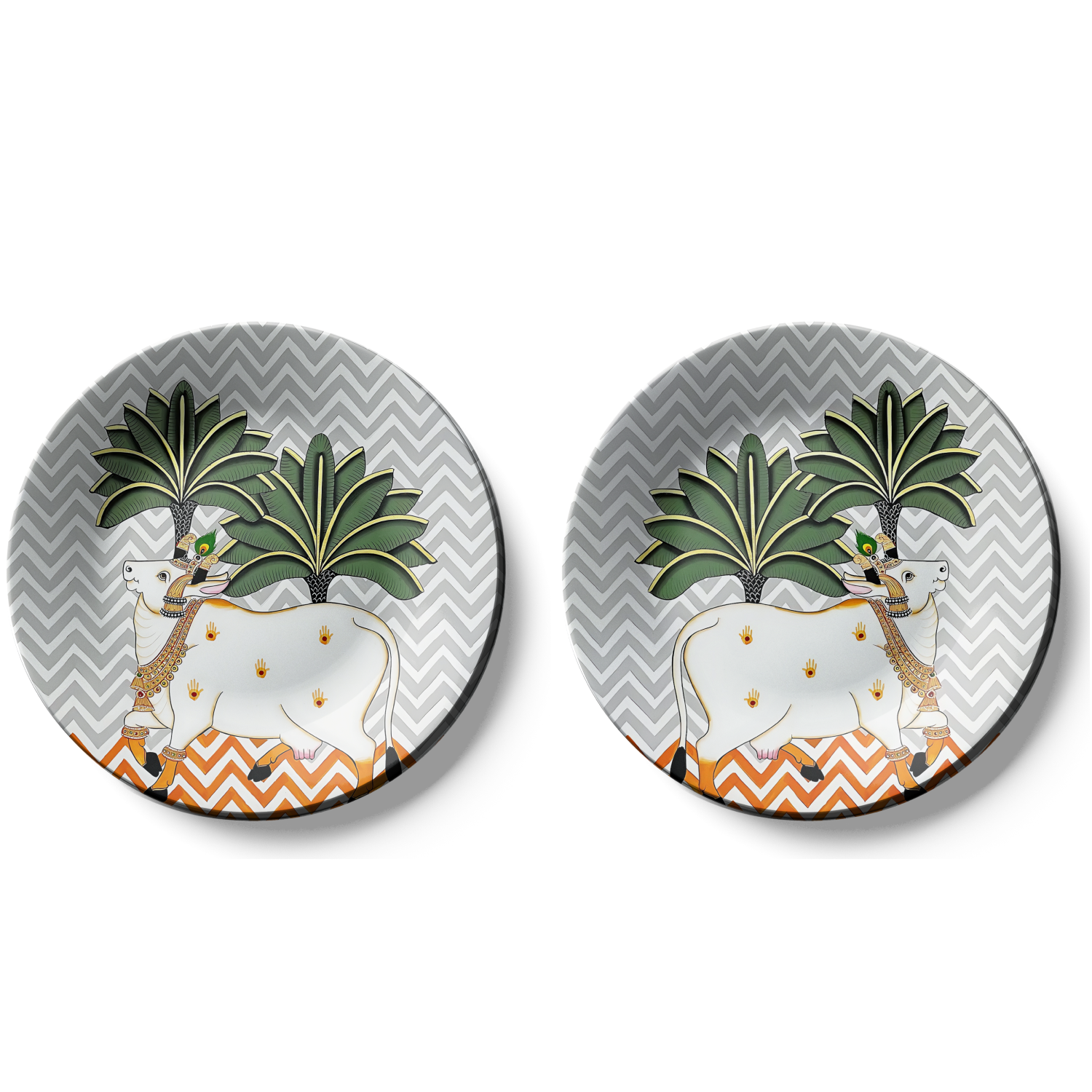 decorative set of 2 sacred cow plates to hang on wall