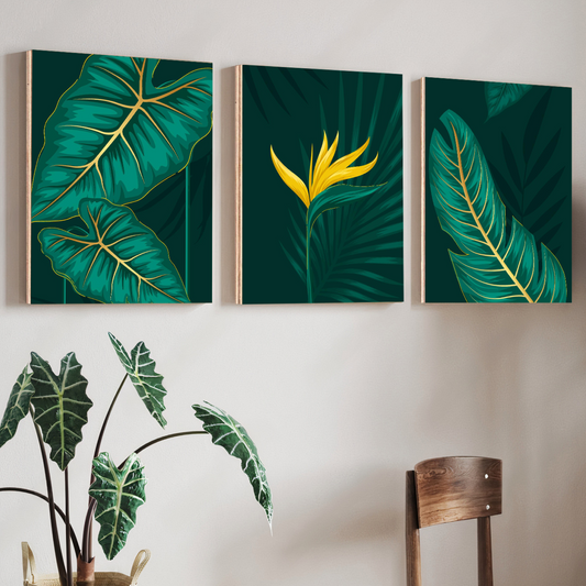Green Leaf Wood Print Wall Art Set of 3