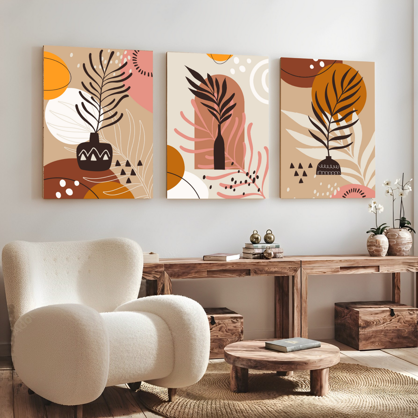 Leaf Botanical Boho Wood Print Wall Art Set of 3