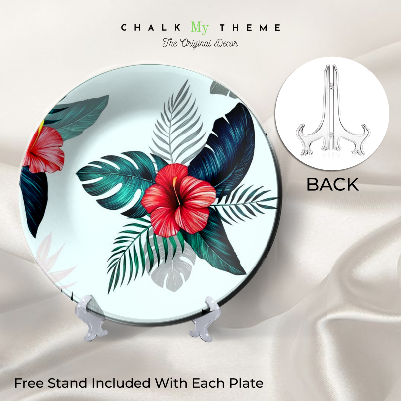 Tropical Leaf and Flower Ceramic Wall Plate Home Décor