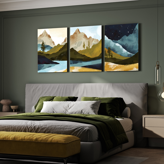 Mountain Night Wood Print Wall Art Set of 3