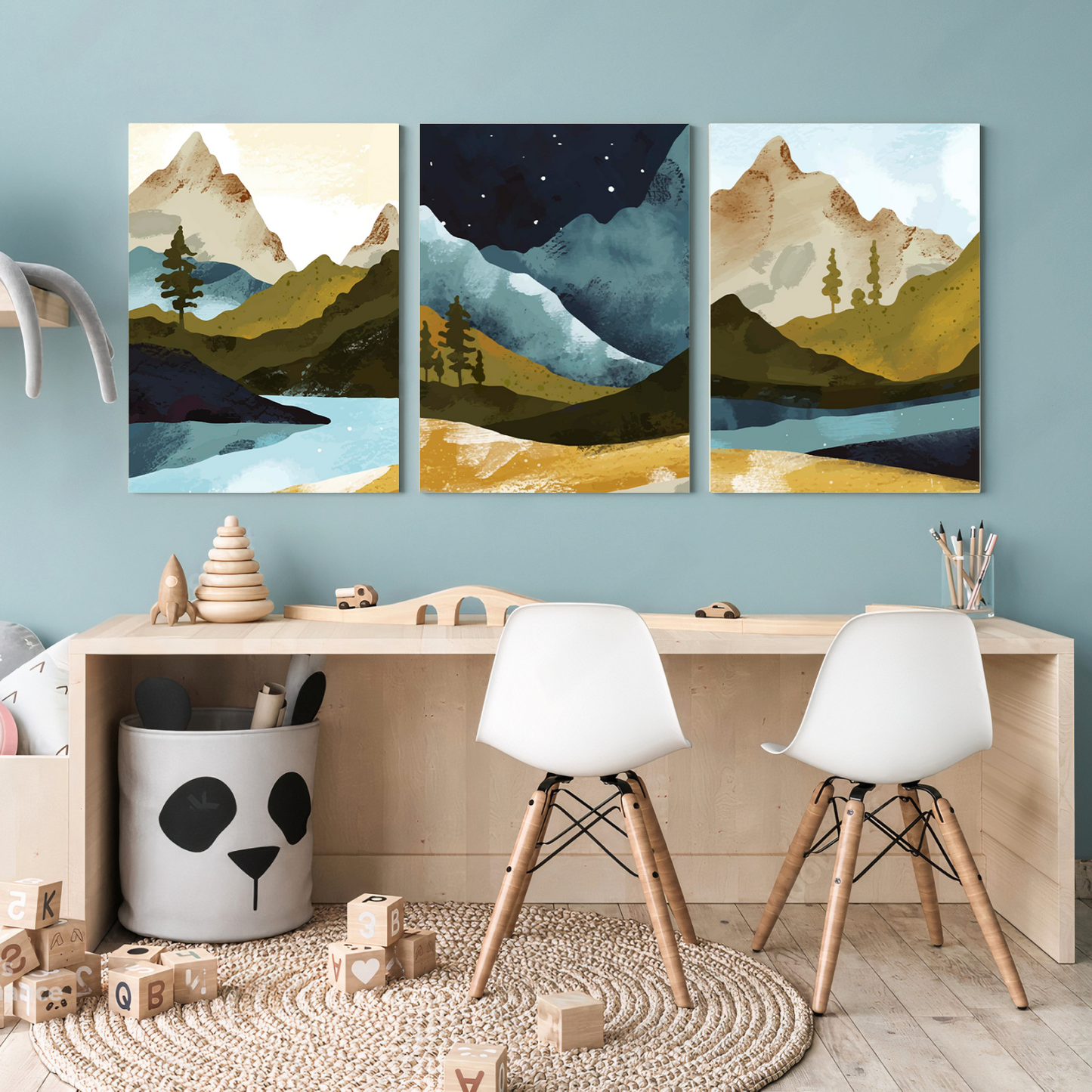 Mountain Night Wood Print Wall Art Set of 3