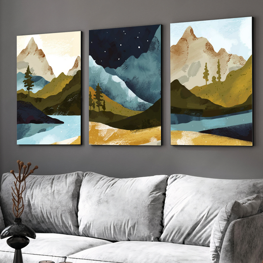 Mountain Night Wood Print Wall Art Set of 3