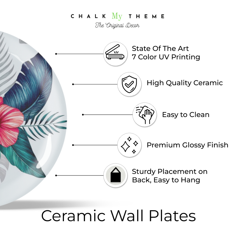 Tropical Leaf and Flower Ceramic Wall Plate Home Décor