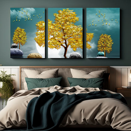 Good Luck Golden Tree Wood Print Wall Art Set of 3