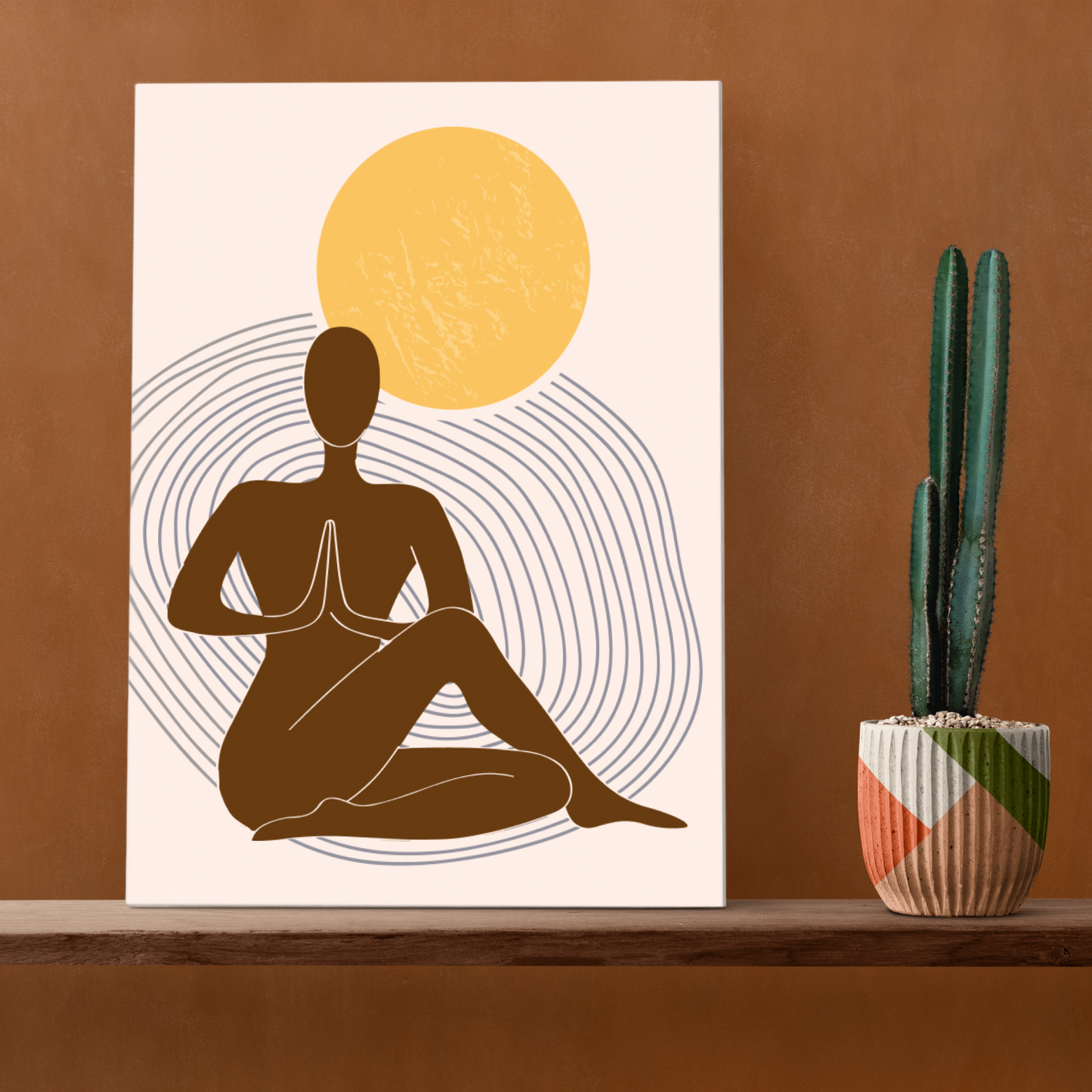 Yoga Theme Boho Beige Wood Print Wall Art