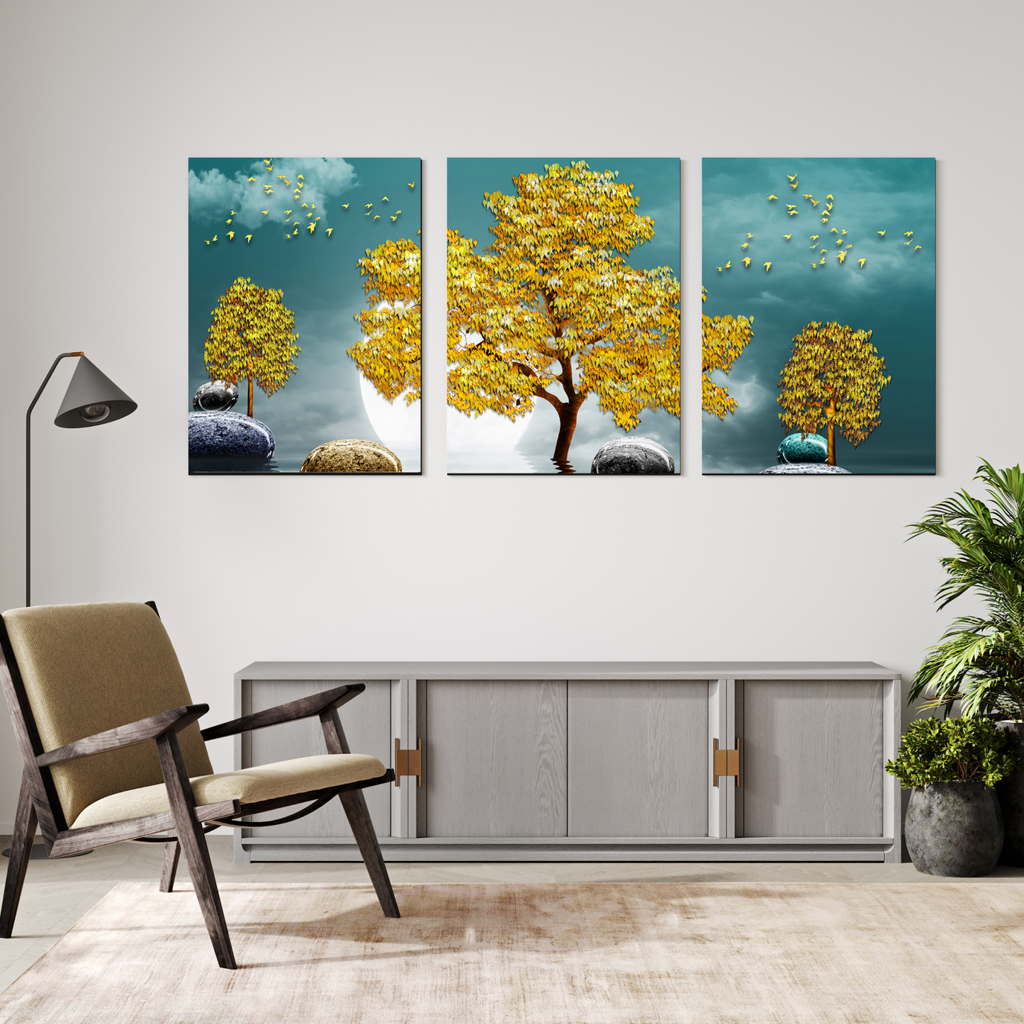 Good Luck Golden Tree Wood Print Wall Art Set of 3