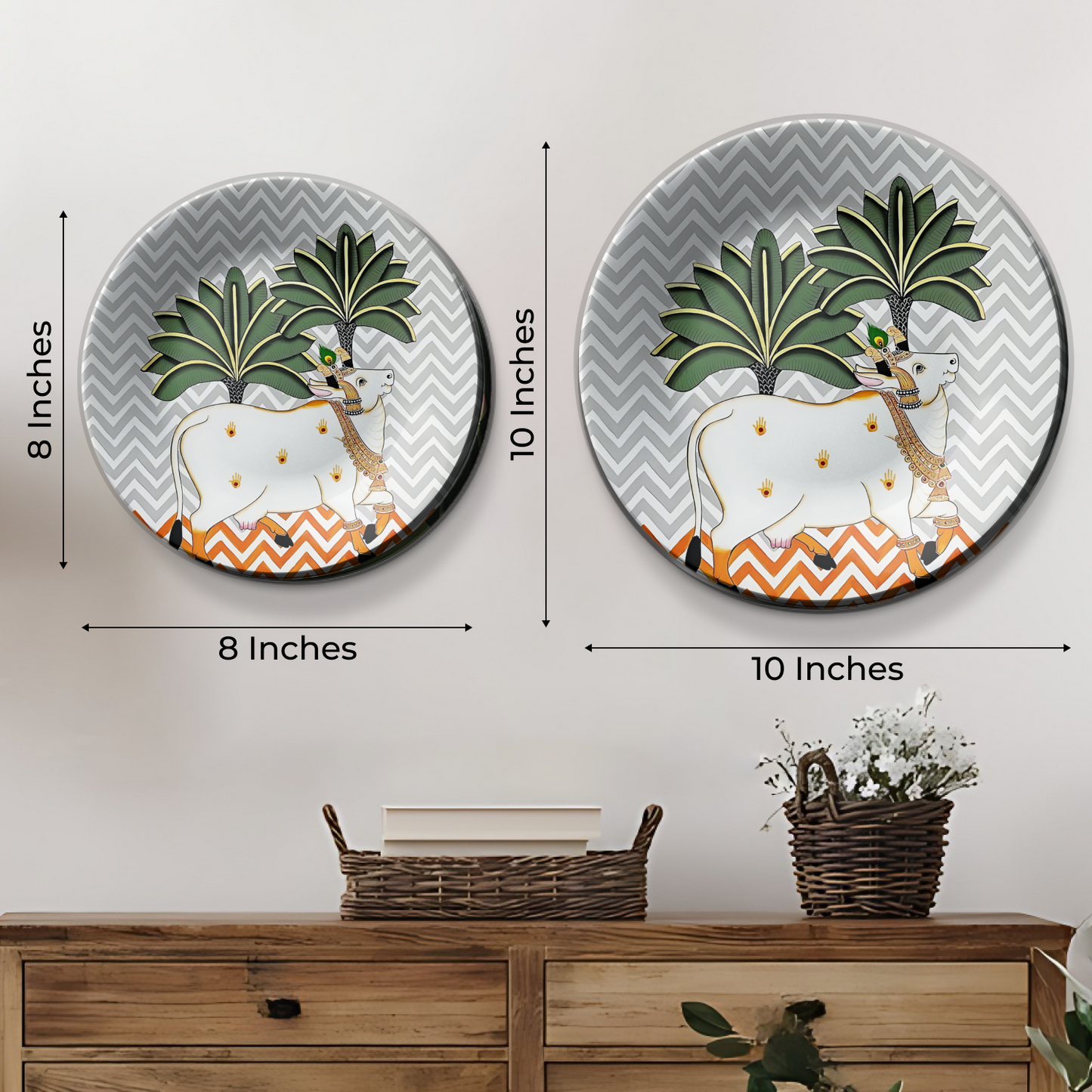 Artisanal Sacred Cow Wall Plate Décor Set for Contemporary Indian Decor Themes