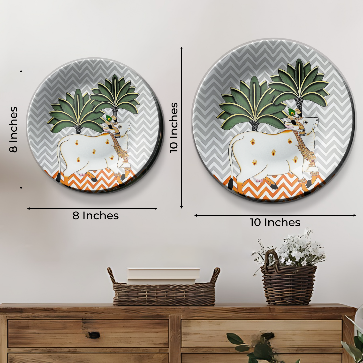 Artisanal Sacred Cow Wall Plate Décor Set for Contemporary Indian Decor Themes