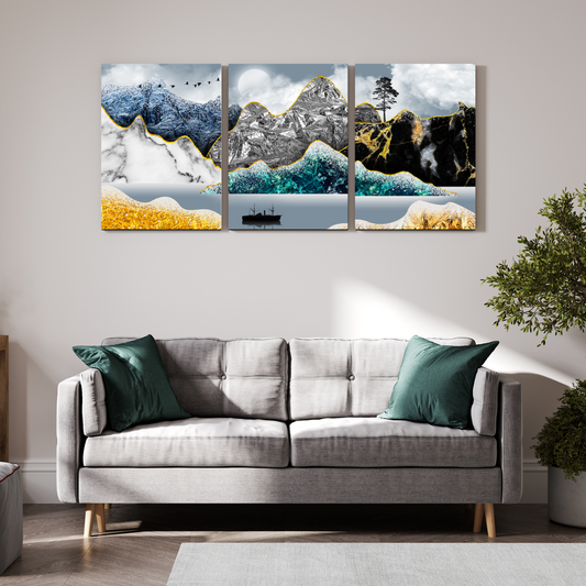 Golden Line Mountains Wood Print Wall Art Set of 3