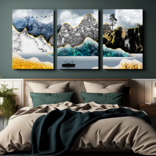 Golden Line Mountains Wood Print Wall Art Set of 3