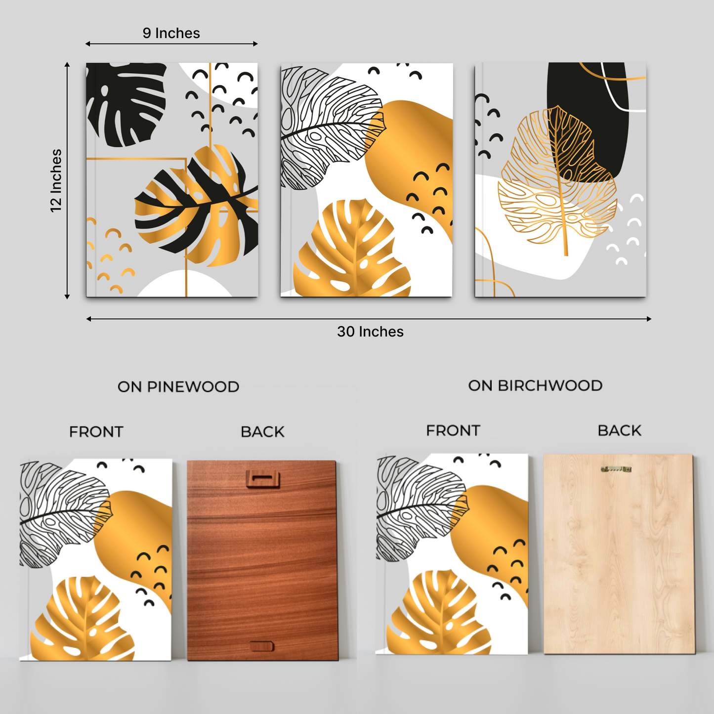 Gold Tropical Leaf Wood Print Wall Art Set of 3