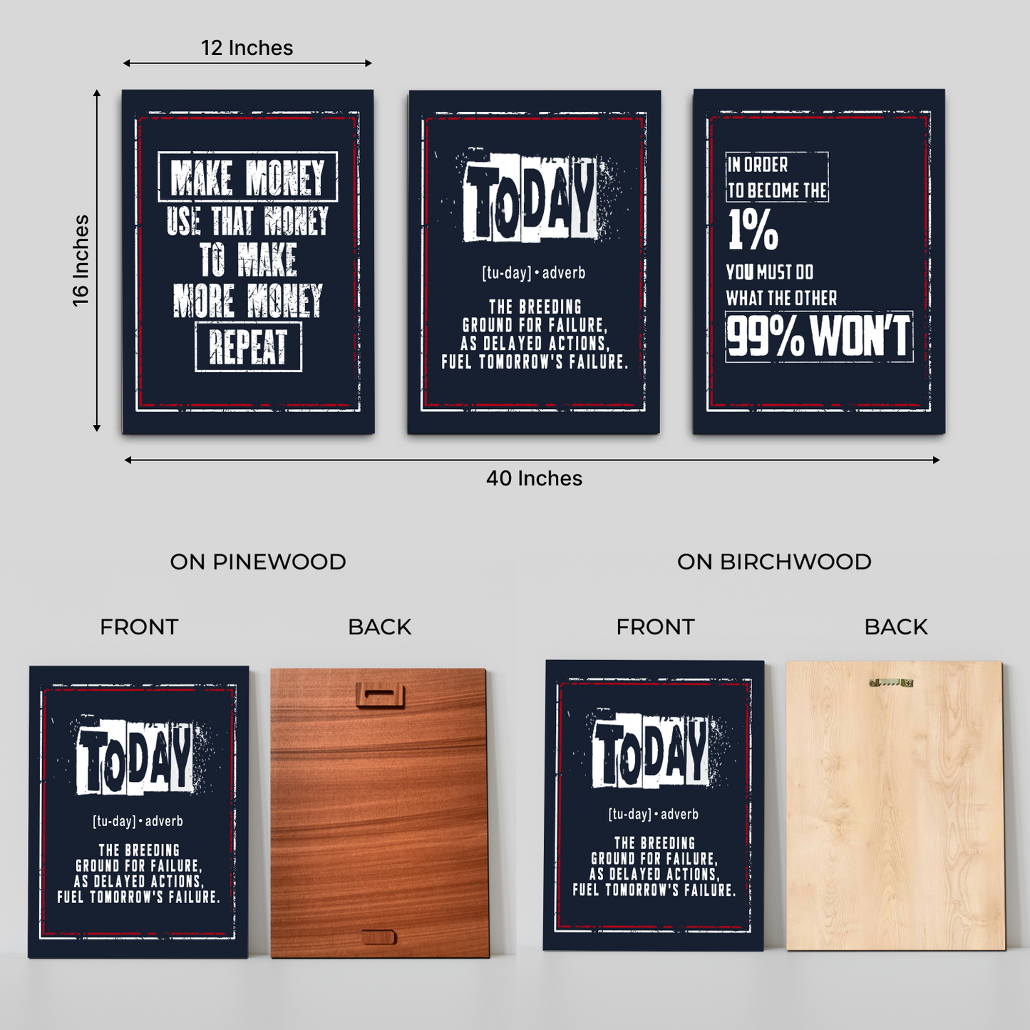 Self Motivational Inspired Quotes Wood Print Wall Art Set of 3