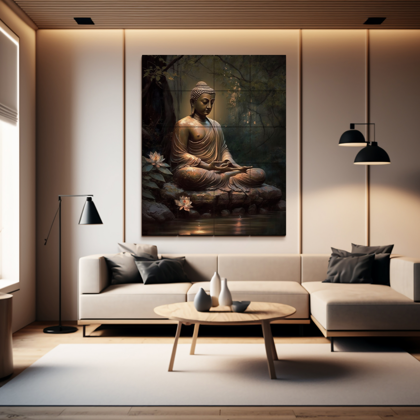 Meditating Buddha Wood Print Wooden Wall Tiles Set