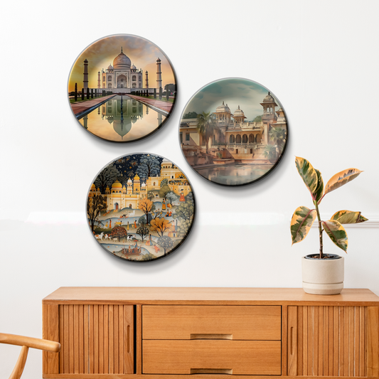 Trio of Indian Structure Taj Mahal and Royal Palace Wall Plates Décor Pieces for Luxurious Wall Art