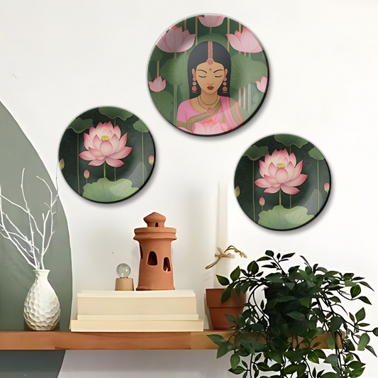 Set of 3 Lotus and Woman Wall Plates Décor for Serene Feminine Elegance