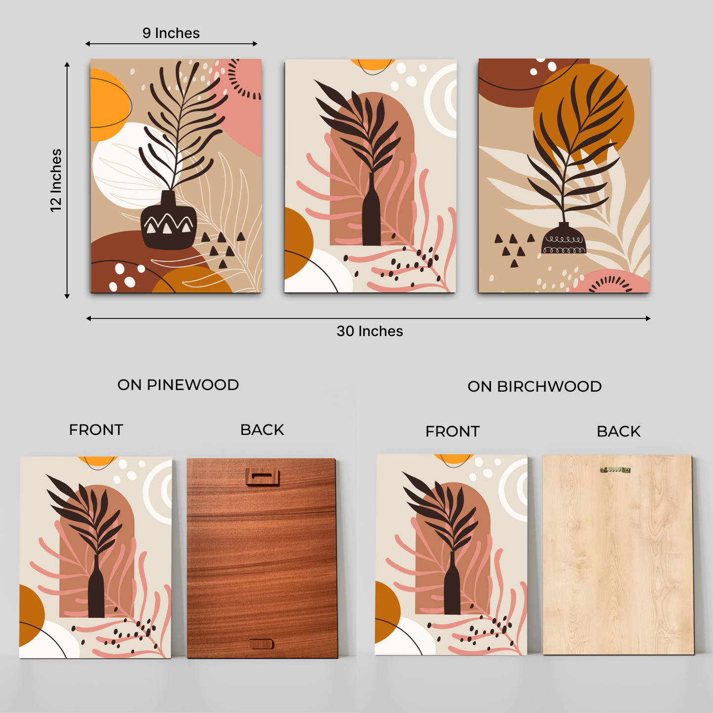 Leaf Botanical Boho Wood Print Wall Art Set of 3