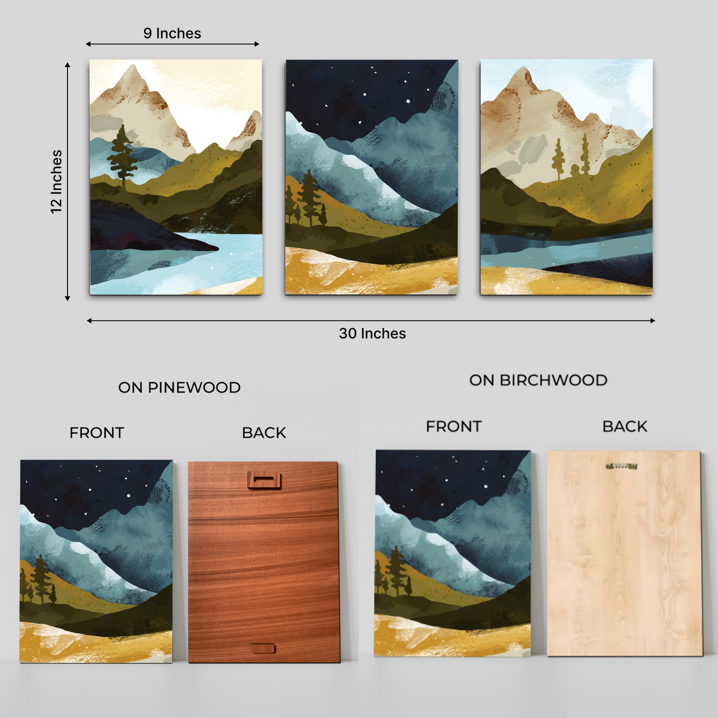 Mountain Night Wood Print Wall Art Set of 3
